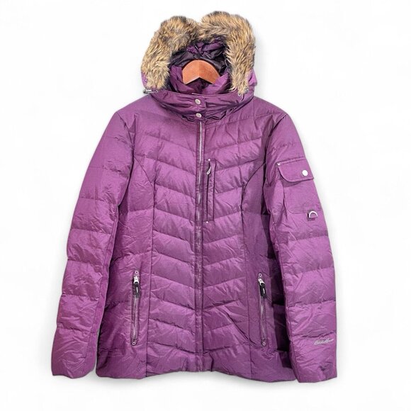 Eddie Bauer Jacket Womens Medium Purple Down Puffer Coat Faux Fur Hood - Picture 1 of 15